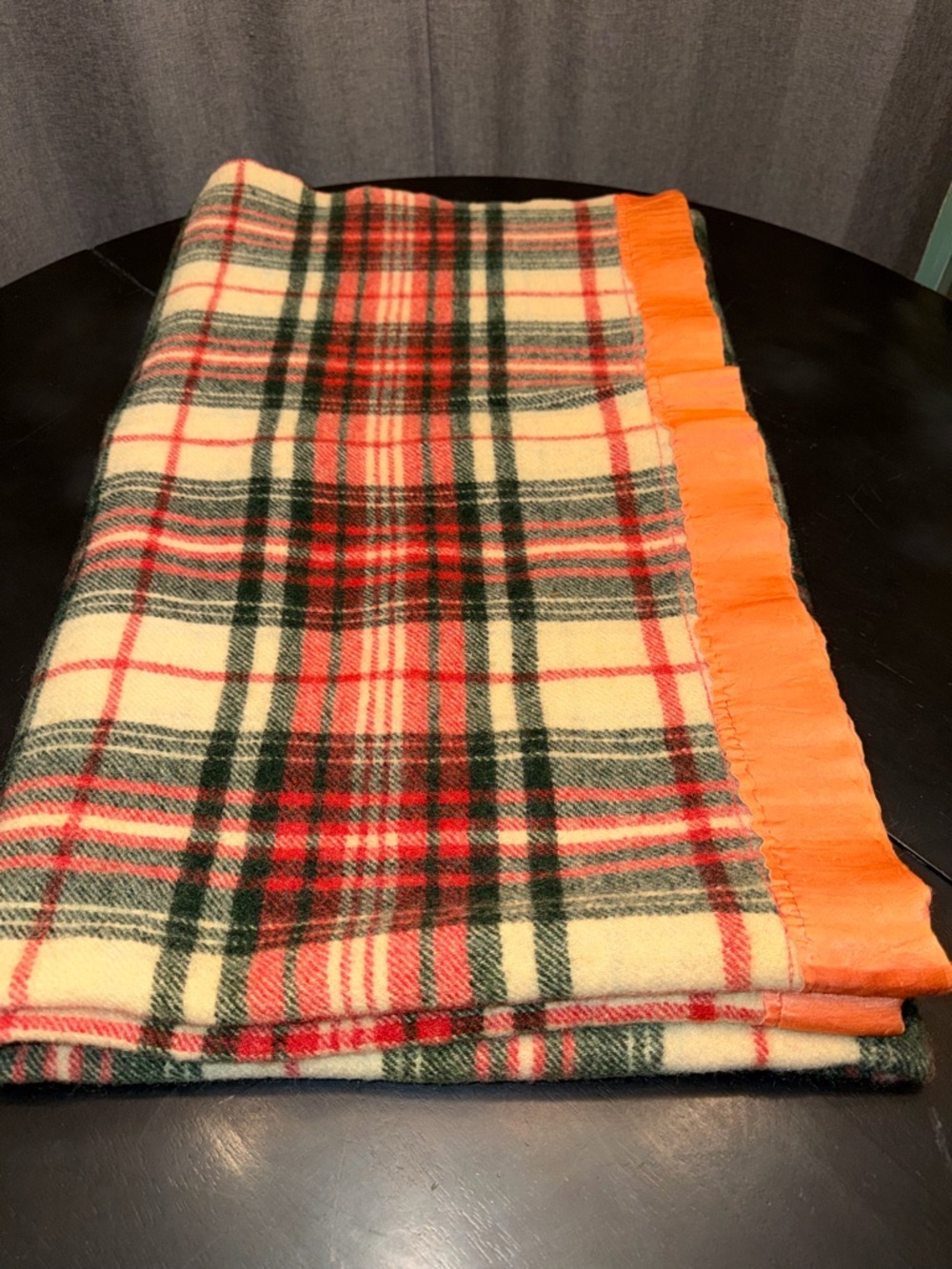 Cottagecore VintageWool Plaid Blanket with Orange Satin Trim. Twin Size. VGC